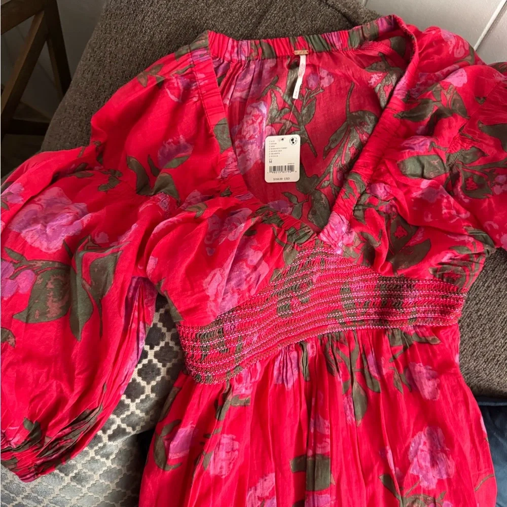 Free People Red Floral Long Sleeve Dress - Picture 3 of 4